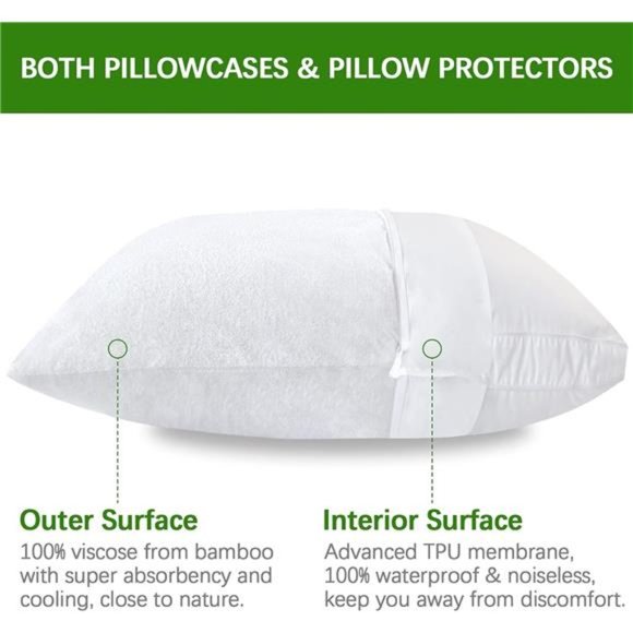 Waterproof Pillow Protector Standard Size 2 Pack 100% Viscose Made from Bamboo - Picture 2 of 6